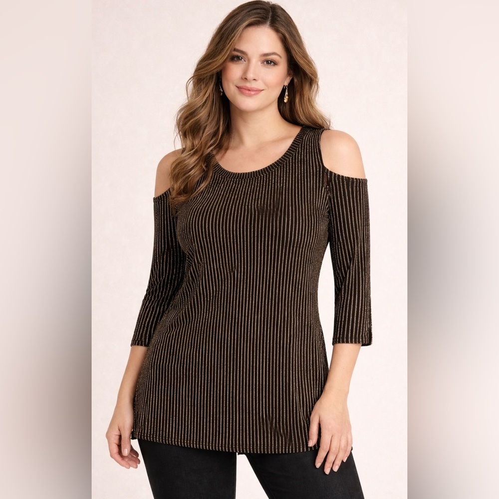 Michael Kors Cold Shoulder Metallic Stripe Top Black Gold